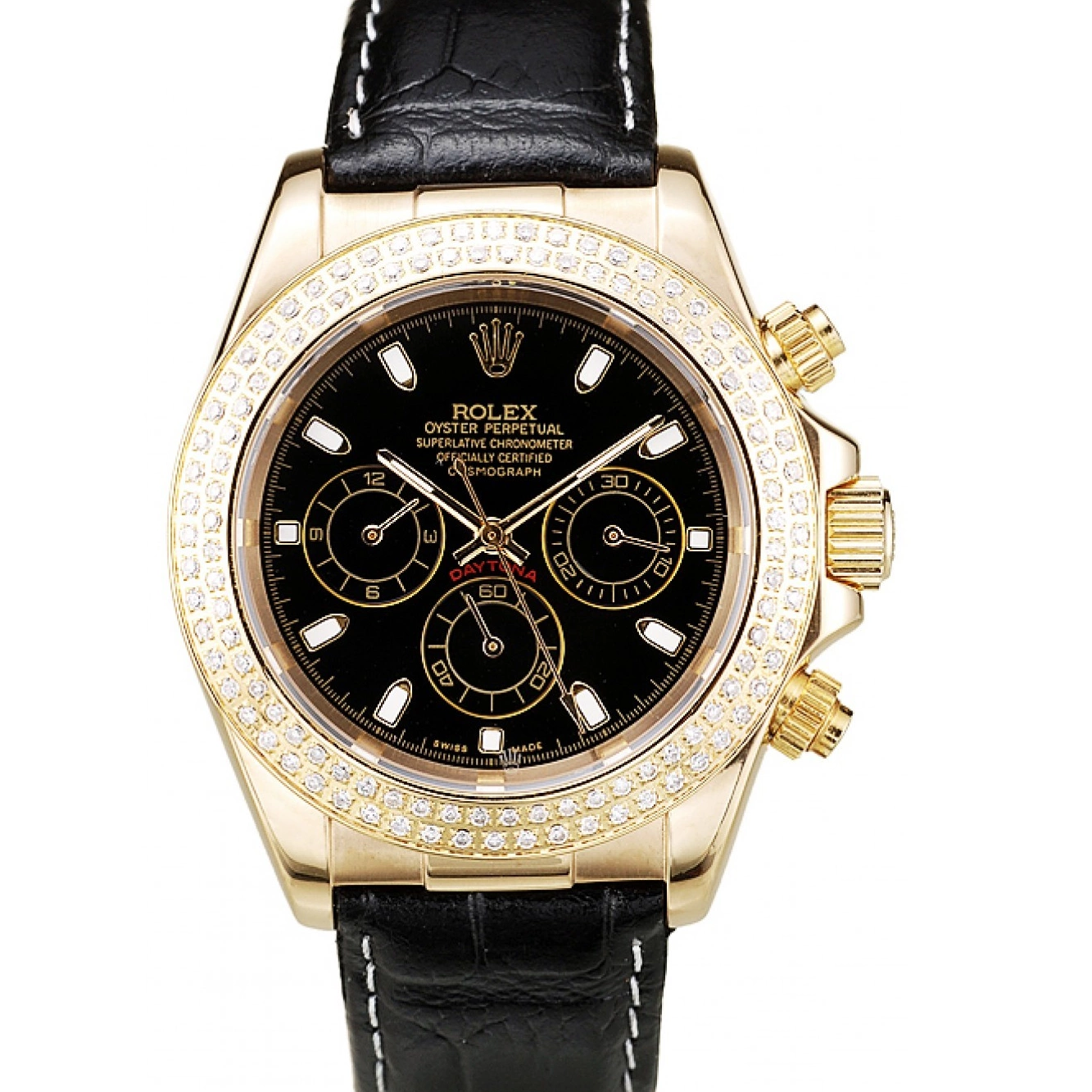 Aaa replica watch Bezel Crystal Studded Rolex Daytona Case Gold Dial Black 0708